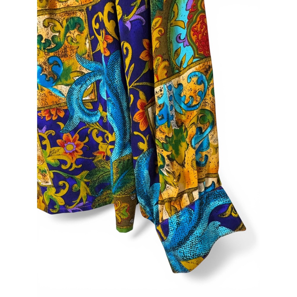 Vintage Bob Mackie Silk‎ Blouse Womens 6 Blue Baroque Floral Shawl Collar Top - Picture 6 of 11